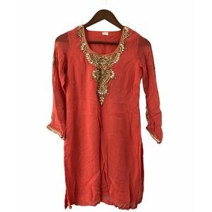 Indian Tunic Long Women Dress Coral Orange Size 34 Embellished Rhinestones